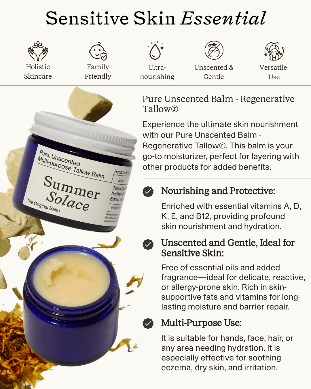 Pure Unscented Tallow Collection | Regenerative Skincare & Candle Set